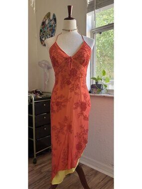 Vtg Cache  Pure Silk Beaded Asymmetrical Halter Dress M Sheer Sunset Y2K Formal